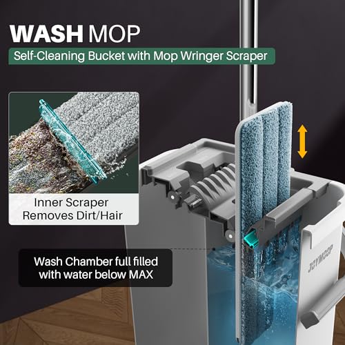 JOYMOOP Mop and Bucket Set, Flat Mop Flat Head, Microfiber Dust Mops for Household & Commercial Wall Cleaner with Long Handle, Hands-Free Floor Cleaning