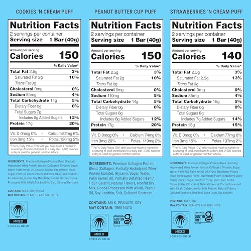 BUILT Bar Puff Protein Bars - Variety Pack - 15-17g Protein Snack Bars with Collagen - Calorie Conscious & Gluten Free - 12 Count, Variety May Vary