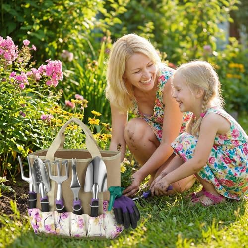 Garden Tools Set, 30 Piece Stainless Steel Gardening Kit with Vintage Floral Tote Bag, Non-Slip Ergonomic Rubber Handle, Ideal Gift for Women & Beginners, for Succulent, Home Garden