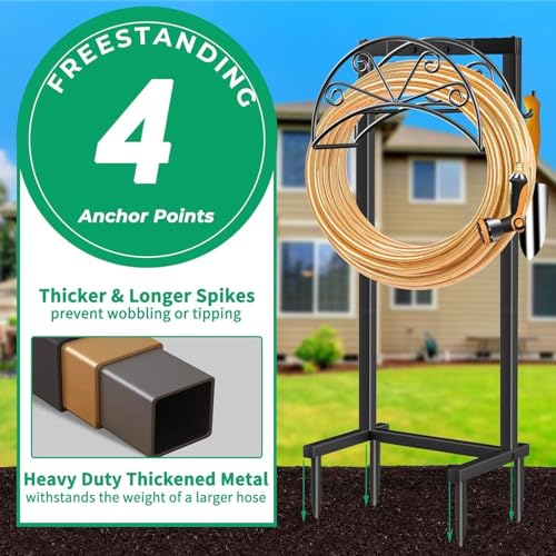 TomCare Garden Hose Holder Heavy Duty Water Hose Holder Holds 160 FT Hoses 4 Spikes Hose Reel Freestanding Hose Hanger Sturdy Hose Storage Stand for Outside Yard Lawn