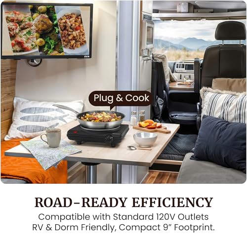 Elite Gourmet Countertop Electric Burner, 1000W Cast Iron Hot Plate, 7 Heat Settings, Portable Cooktop for RV, Dorm, Office & Small Kitchens, Road-Ready & Compact