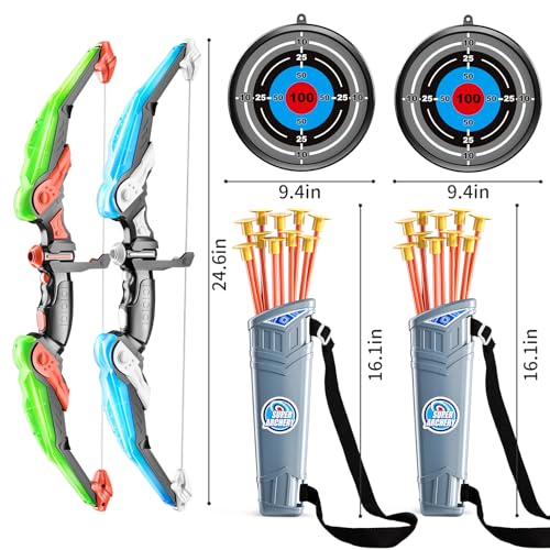 TEMI Bow and Arrow Set for Kids - Archery Toy Set - LED Light Up with Suction Cup Arrows, Target & Quiver, Indoor and Outdoor Toys for Children Boys Girls