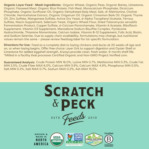 Scratch and Peck Feeds Whole Grain Layer Mash Chicken and Duck Feed - 40 lbs Bag - Corn-Free and Soy-Free - 16% Protein, Certified Organic and Non-GMO Project Verified Chicken Food