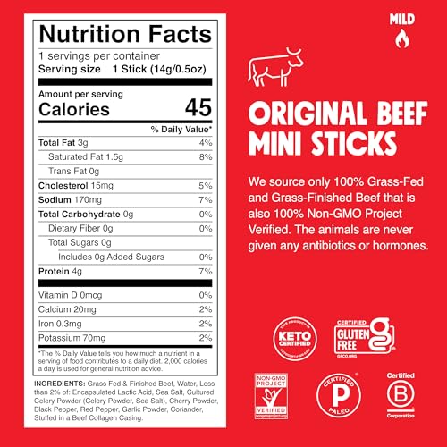 Chomps Snack Size Grass-Fed Original Beef Jerky Snack Sticks 0.5oz 24-Pack - Keto, Paleo, Whole30, 4g Lean Meat Protein, Gluten-Free, Zero Sugar Food, Non-GMO Chomplings