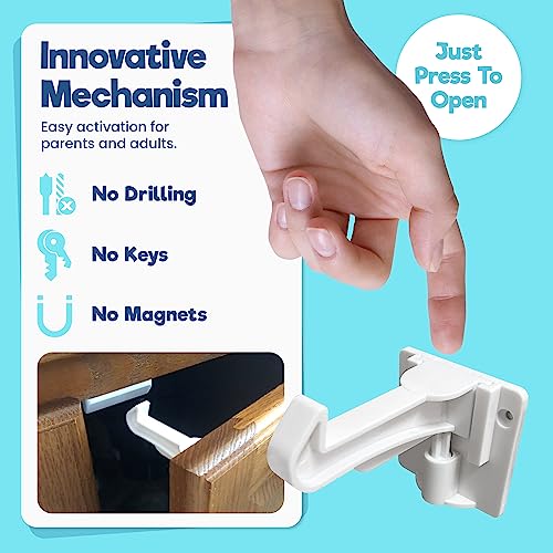 Upgraded Invisible Baby Proofing Cabinet Latch Locks (10 Pack) - No Drilling or Tools Required for Installation, Works with Most Cabinets and Drawers, Works with Countertop Overhangs, Highly Secure