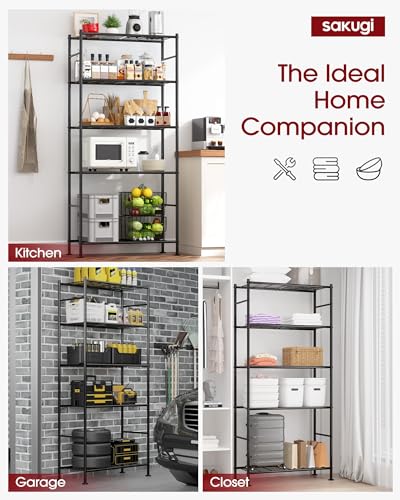 Sakugi Storage Shelves - 5 Tier Shelf Organizer, Heavy Duty Garage Shelving Unit with Leveling Feet, Stable Metal Shelves Organizer for Pantry, Kitchen and Closet, 33.0" W x 12.6" D x 72.0" H, Black