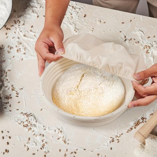 Dimpola Banneton Bread Proofing Basket - 9 inch Banneton Basket Set of 2 Sourdough Proofing Basket Round Proofing Bowls Handmade Rattan Baskets and Liners