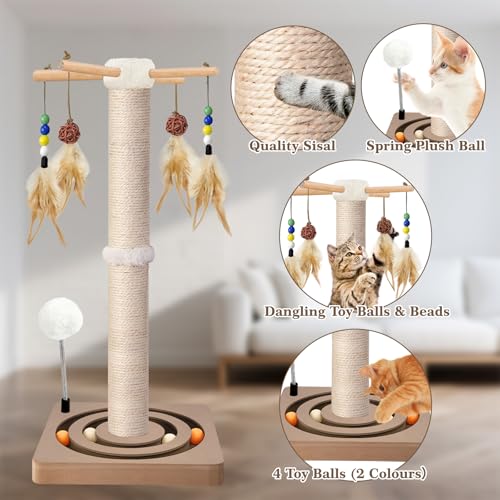 PAROTO Cat Scratching Post, Sisal Cat Tree Tower Scratcher for Indoor Cats Adults with Interactive Toys, Double Ball Track, 2 Mounting Methods, 25 inches