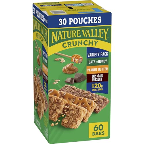 Nature Valley Crunchy Granola Bars, Oats & Honey, Peanut Butter, Oats & Dark Chocolate, Gluten Free, Value Pack, 60 Bars, 44.7 OZ (30 Pouches)