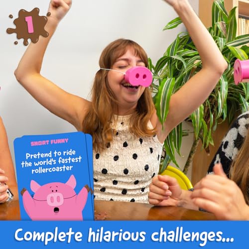 Snort Funny – The Oinkredible You Laugh You Lose Party Game, Family Games for Kids and Adults w/ 150 Challenge Cards, 5 Pig Snouts & Mud Tokens, Funny Games for Friend & Family, 4-8 Players, Ages 8+