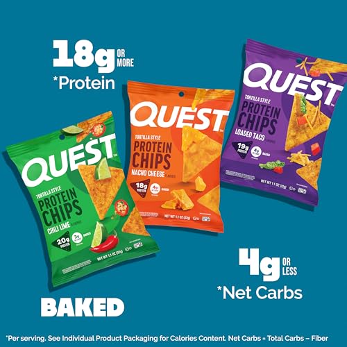 Quest Nutrition Tortilla Style Protein Chips Variety Pack, Chili Lime, Nacho Cheese, Loaded Taco, Low Carb, High Protein, Gluten Free, 1.1 oz (Pack of 12)