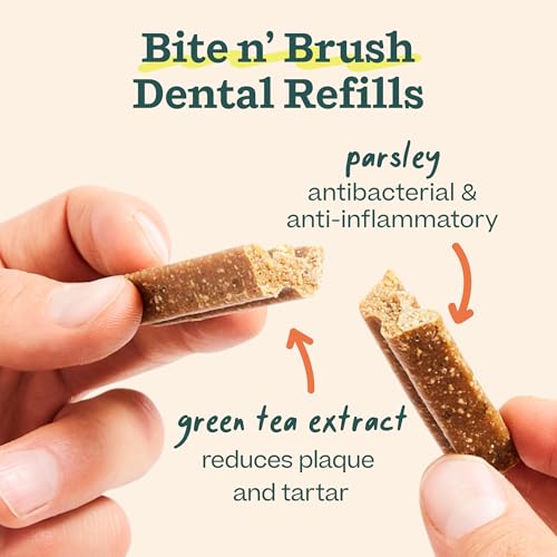 WOOF - Bite n' Brush Refills Treats for the Dog Toothbrush Toy - Scrub Plaque and Tartar from Your Dog's Teeth and Mouth - Dog Dental Sticks - Approximately 18 Refills - Beef