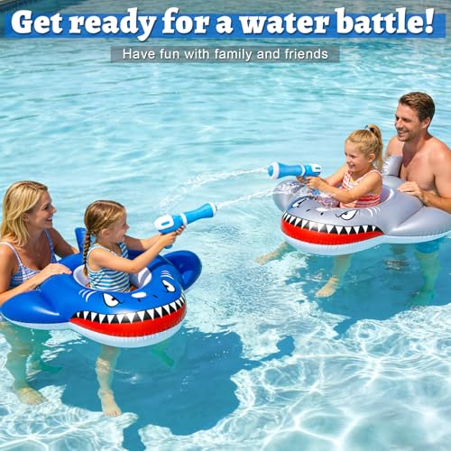 2 Pack Inflatable Shark Pool Floats Kids 3-11 Years, Kids Floaties Swimming Pool Toys with 2 Water Squirt Guns Boys Girls Party Float Ride-on Toddler Floatie with Safety Seat Summer Outdoor Water Game