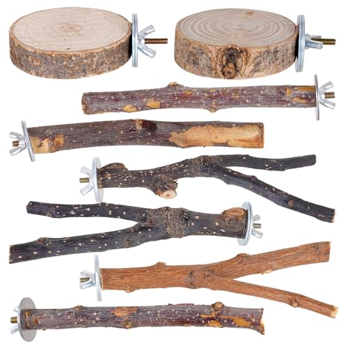 8 Pieces Bird Perch Natural Wooden Parrot Perch Stand Fork Toys Hanging Multi-Branch Perches Platform Hammock Swing Toy for Macaws, Small Parakeets, Conures, Budgies, Finches (A-Color, Mix)