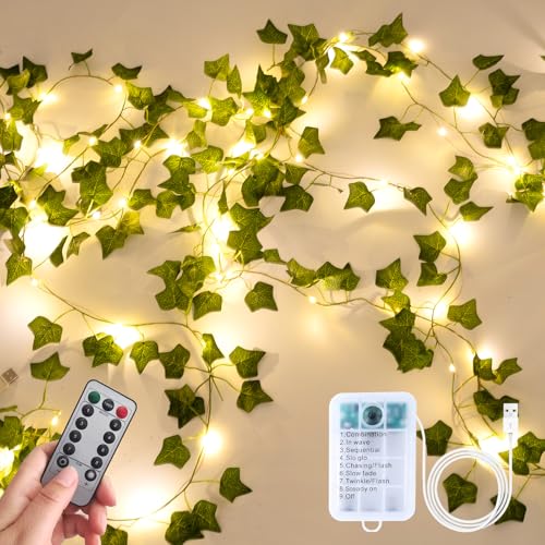 Fake Plants Vines,33ft 100 LED Artificial Ivy Garland with Fairy Lights,for Home Living Room Bedroom wall Art Aesthetic Office Coffee Wedding Party Farmhouse Dorm Outdoor Garden Decor