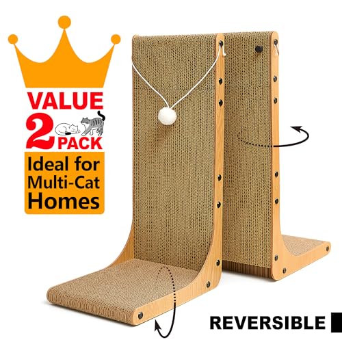 Value 2-Pack 23.6 Inch L-Shaped Cardboard Cat Scratcher, Dual Use (Vert/Horiz) Scratch Pad with Toy Balls, Wall-Mountable Furniture Protector Cat Scratchers for Indoor Cats