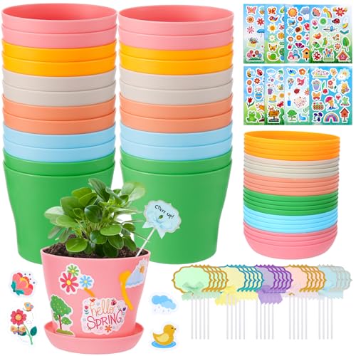 Durable Resin Garden Pot Craft Kit for Kids- 24 Pack Colorful Flower Plant Spring Crafts with Super-adhesive Stickers & Blank Labels School Activities Growing Kit for Classroom Home DIY Gift 4+ years