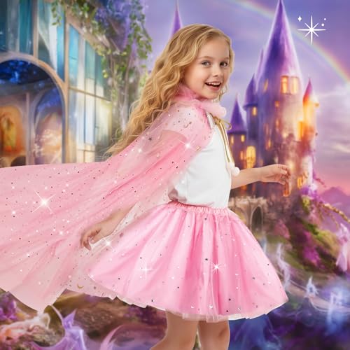 Meland Princess Dress Up for Girls 3-8, Cape with Crown & Tutu, Birthday Gift for Toddler Girls, Pretend Play Toys for Kids