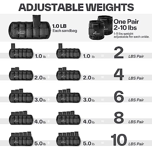 Sportneer Adjustable Ankle Weights Set - 1 Pair (2-10 lbs) Removable Sandbags for Women & Men, Comfortable Neoprene Leg Weights for Walking, Running, Pilates, Yoga, Home Workout & Physical Therapy
