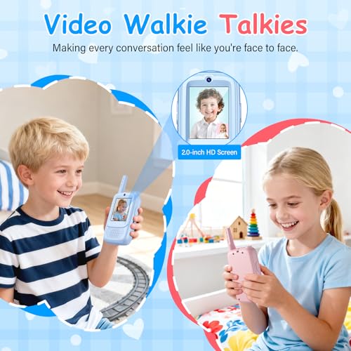 Video Walkie Talkies for Kids, 2 Pack Rechargeable Walkie Talkies with Screen and 4 Voice Changer, Christmas Birthday Gifts for Boys and Girls Ages 3-12, Indoor Outdoor Toys for Family Games, Camping
