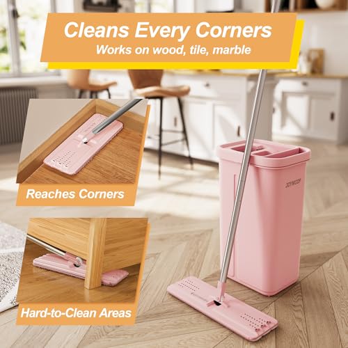 JOYMOOP Pink Mop and Bucket with Wringer Set for Home, with 3 Reusable Microfiber Mop Pads, Hands-Free Self-Cleaning System, Suitable for Floor Cleaning and Wall Cleaner