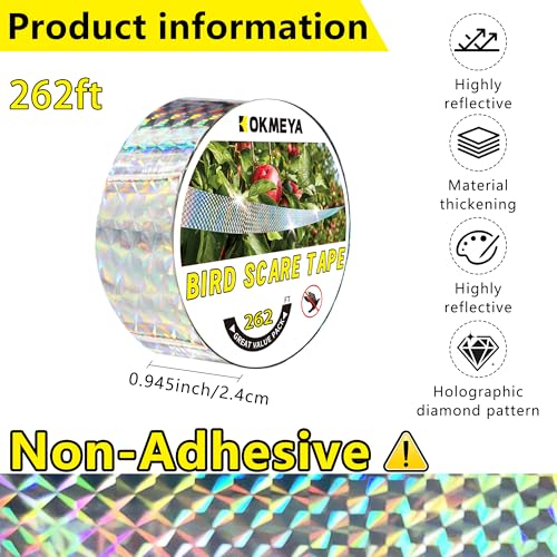 Bird Scare Reflective Tape, 262 Feet per Roll, Double-Sided Reflective, for Repelling Sparrows and Woodpeckers, Suitable for Outdoor Use in Homes, Gardens, Farms, Orchards,Outdoor