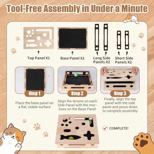 Cat Scratch Puzzle Enrichment Box, Smooth Solid Wood Cat Nail File Enrichment Box with Built-in Sandpaper, Cat Nail File Box Stress Free Alternative to Clippers & Grinders(No Bell Ball)