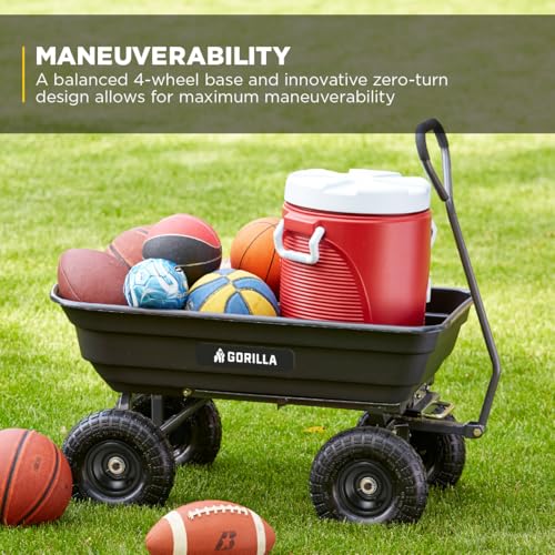 Gorilla Carts Poly Garden Dump Cart, 4 Cu Ft Tub, 600 lb Haul Capacity, Black – Heavy-Duty Utility Wagon with Quick-Release Dumping & Pneumatic Tires for Yard, Landscaping and Gardening