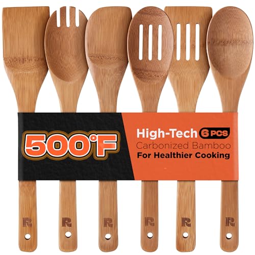 Riveira Dark Bamboo Wooden Spoons for Cooking 6-Piece, Apartment Essentials Wood Spatula Spoon Nonstick Kitchen Utensil Set Premium Quality Housewarming Gifts for Everyday Use