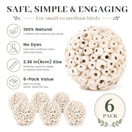 Bird Toys Sola Balls 2.36'' - 6PCS, Bird Foraging Toy, Soft Sola Atta Ball, Parrot Chew Shred Toy for Sharpening Claws and Beaks for Cockatiel, Parakeets, Conure, Love Birds, Budgie and Small Birds