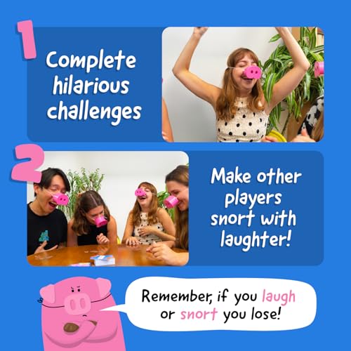 Snort Funny – The Oinkredible You Laugh You Lose Party Game, Family Games for Kids and Adults w/ 150 Challenge Cards, 5 Pig Snouts & Mud Tokens, Funny Games for Friend & Family, 4-8 Players, Ages 8+