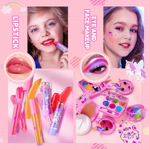 Beayuck Kids Makeup Kit for Girls - Girls Makeup Kit Toys, Real Washable Cosmetic Set with Storage Case, Kids Play Makeup Set for Christmas Birthday Gift 3 4 5 6 8 10 11 12+ Years Old, Pink
