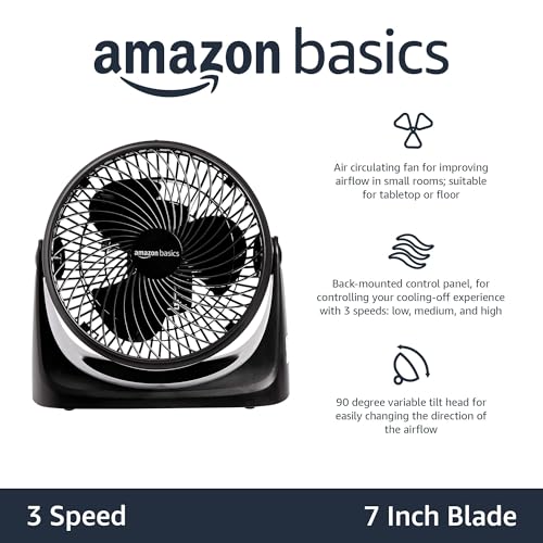 Basics Air Circulator Desk Fan for Bedroom, Home and Office, 90-Degree Tilt Head, 3 Speed Settings, Cooling, 35 Watts, Black, 11.1"W x 6.3"D x 10.9"H