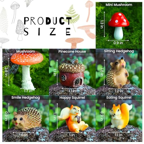 Fairy Garden Accessories, 7 Pieces Squirrel & Hedgehog Resin Figures with Acorn & Mushroom, Handmade Miniature Decor, Garden Miniatures and Home Decorations, Perfect DIY Gift
