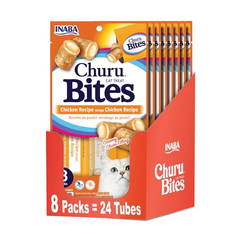 INABA Churu Bites for Cats, Soft/Chewy Baked Chicken Wrapped Churu Filled Cat Treats with Vitamin E, 0.35 Ounces per Tube, 24 Tubes Total (3 Tubes per Pack), Chicken Recipe