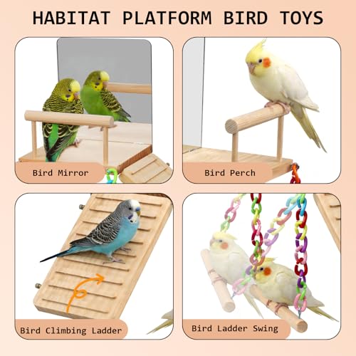 Bird Perches Platform Swing with Bird Mirror Climbing Ladder Birds Toys Cage Accessories for Cockatiels, Lovebirds, Pacific Parrotlets,Chinchilla, Hamster Play Gym Exercise Stand (with Mirror)