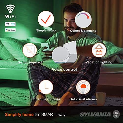 SYLVANIA Wifi LED Smart Light Bulb, 60W Equivalent Full Color and Tunable White A19, Dimmable, Compatible with Alexa and Google Home Only - 4 Pack (75674)