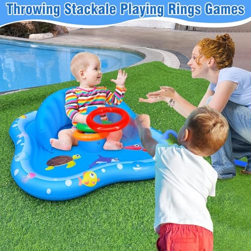 iGeeKid Baby Play Mat with Sprinkler, Inflatable Baby Pool Float with Canopy Backrest & Stackable Rings Water Sprinkler for Kids, Outdoor Water Play Toys for Toddlers Backyard Swimming Water Games