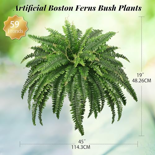 FOREST PRINCE 45" Fake Ferns, Realistic Large Artificial Bush Plants, 2 Artificial Boston Ferns with 59 Fronds for Outdoors Planter Indoor Home Garden Porch Decor