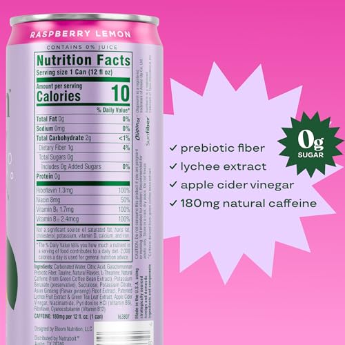 Bloom Nutrition Sparkling Energy Drink for Focus, Natural Caffeine, Zero Sugar, 180mg Caffeine, Antioxidant-Rich with Green Coffee Bean, Green Tea Extract, & Prebiotics, Raspberry Lemon 12oz 12 Pack