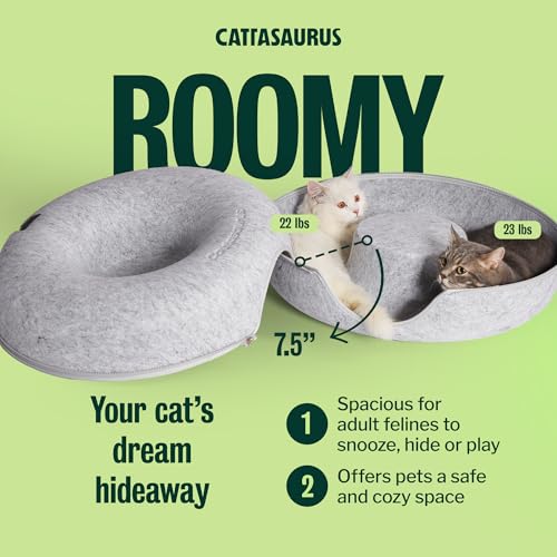 Cattasaurus Peekaboo Cat Cave Donut for Multiple & Large Cats up to 30-45 lbs, 3-in-1 Self Warming Cat Bed, Tunnel & Scratcher for Indoor Cats, Washable & Detachable Small Dog Bed (Light Gray, Large)