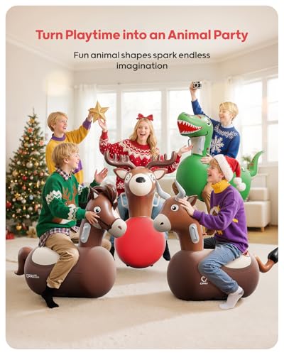 QPAU Inflatable Bouncy Dinosaur Toys 2 PCS with Hand Pump, Heavy Duty Giant Bouncy Pal, 220lbs Load Capacity, Ride On Bouncy Animal Hopper Toy, Indoor Outdoor Bouncers for Kids Girls Boys Ages 5+