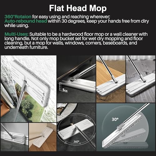 JOYMOOP Mop and Bucket Set, White Flat Mop with Long Handle for Floor & Wall Cleaning, Wet & Dry Use, Hardwood Floor Cleaner, Ideal for Household & Commercial Use, 5 Microfiber Pads Included
