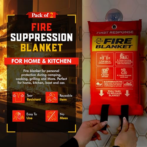 Mart Cobra Fire Blanket 2-Pack – Emergency Fire Suppression for Home & Kitchen – 40"x40" Fireproof Fiberglass Safety Blankets – Heat Resistant & Easy to Use – Smothers Grease & Electrical Fires