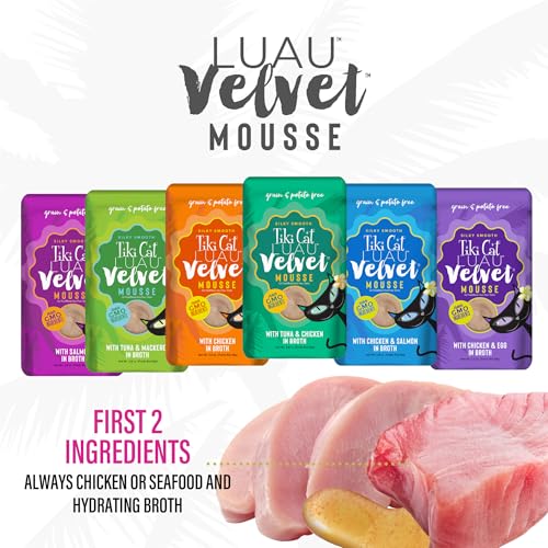 Tiki Cat Velvet Mousse, Protein Blend in Broth Variety Pack, Complete Nutrition for Balanced Diet, Wet Cat Food For All Life Stages, 2.8 oz. Pouch (Pack of 12)