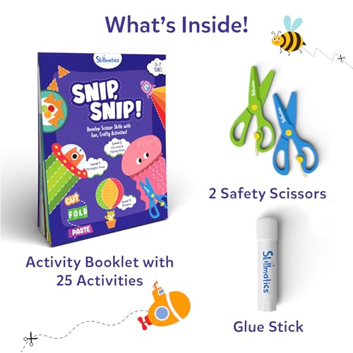 Skillmatics Scissor Skills Activity Book - Snip Snip, 25 Cutting Activities for Preschoolers, Felt Craft Kit, 2 Child-Safe Scissors, Fine Motor Skills, Screen-Free Fun, Gifts for Kids Ages 3-7