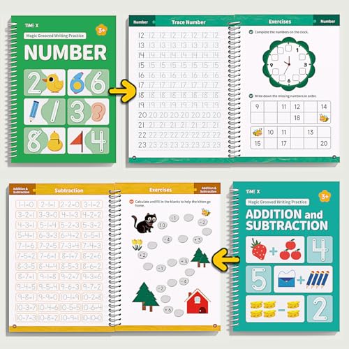 TIME X Magic Grooved Writing Practice Books, Reusable 3D Groove Handwriting Practice Workbooks for Kids Ages 3-8, Large Preschool Writing Books with Disappearing Ink for Kids 5-7 (Practice 6-Books)