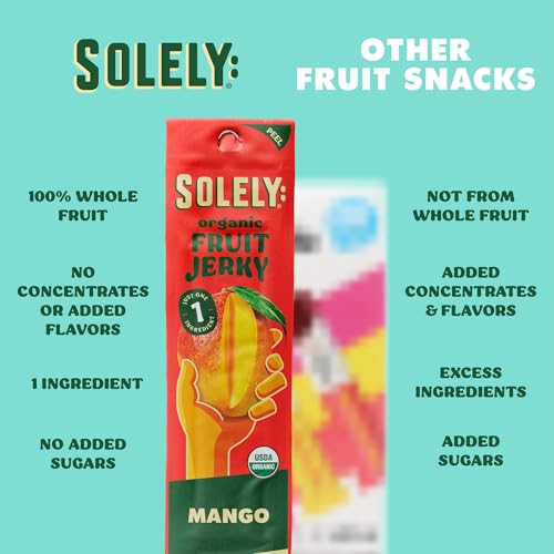 Solely - Organic Mango Fruit Jerky - 12 Individually Wrapped Fruit Strips - Fruit Leather Made from Dried Fruits - Healthy Snacks, Vegan - 0.8oz (23g)