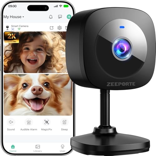 ZEEPORTE 2K Indoor Cameras for Home Security - Baby Monitor and Dog Pet Camera with Motion Detection, 2-Way Audio, Night Vision, Siren, Wired Security Camera - Compatible with Alexa