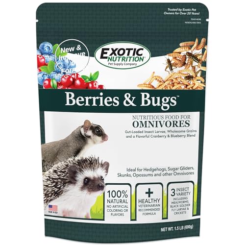 Berries & Bugs 1.5 lb - All Natural High Protein High Fiber Food for Hedgehogs, Skunks, Opossums, Sugar Gliders - Universal Insectivore Diet with Fruit, Gut-Loaded Insects, & Healthy Vitamins